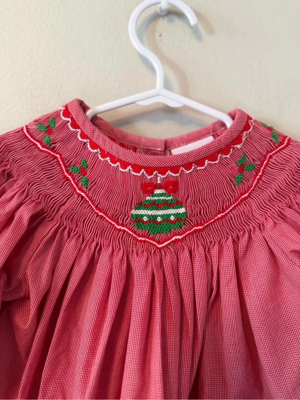 Stitchy Fish Red Smocked Christmas Ornament Top with Green Leggings